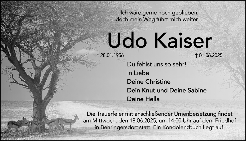  Traueranzeige für Udo Kaiser vom 14.06.2025 aus Gesamtausgabe Nürnberger Nachrichten/ Nürnberger Ztg.