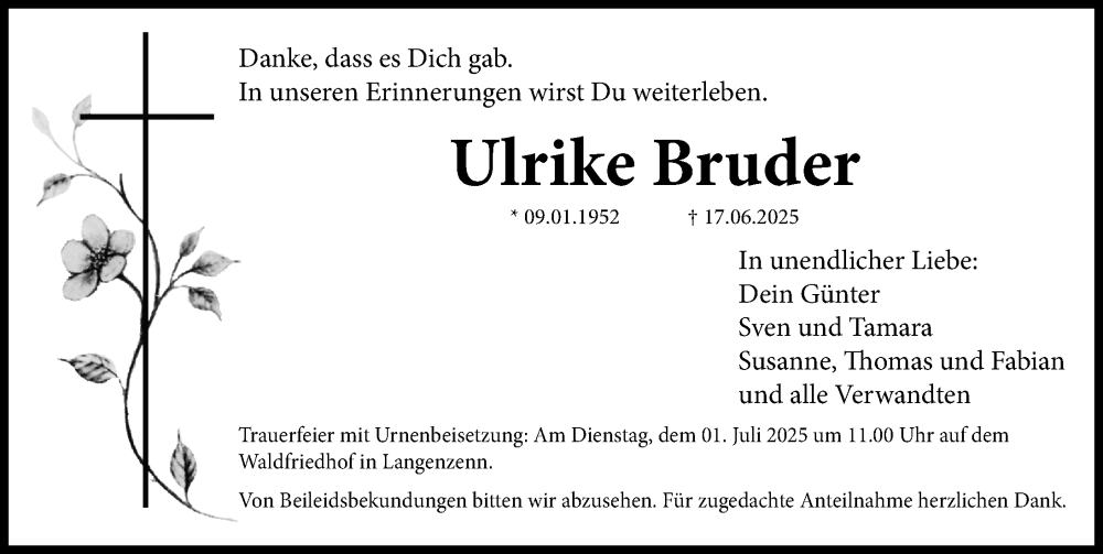  Traueranzeige für Ulrike Bruder vom 28.06.2025 aus Fürther Nachrichten Lokal