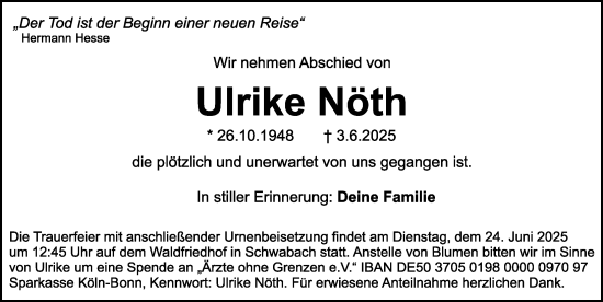 Traueranzeige von Ulrike Nöth von Schwabacher Tagblatt Lokal