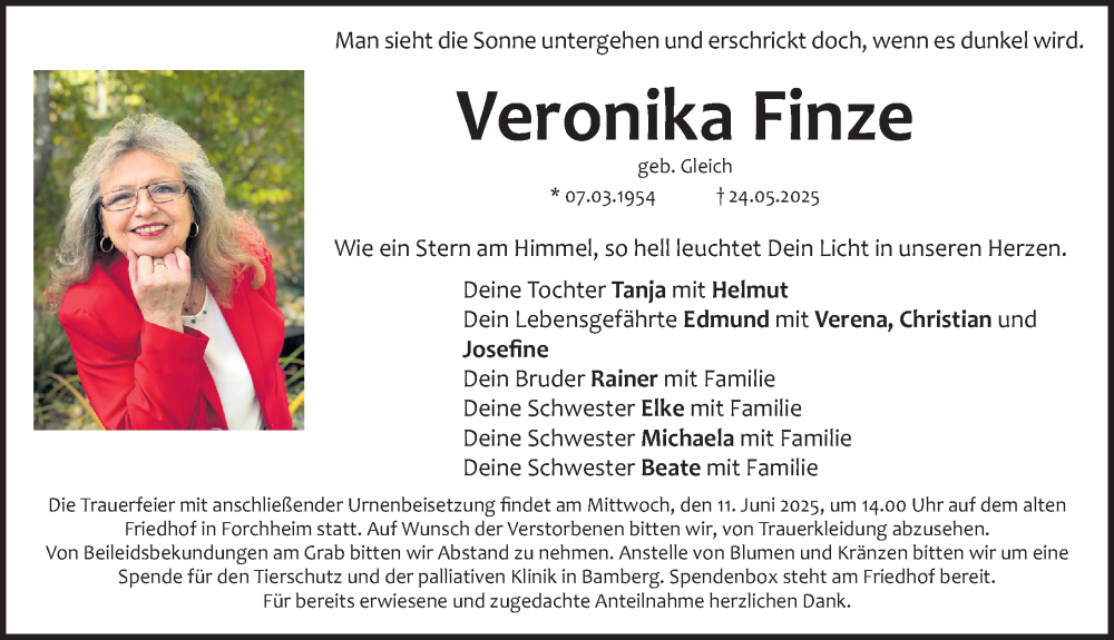  Traueranzeige für Veronika Finze vom 07.06.2025 aus Nordbayerische Nachrichten Forchheim Lokal