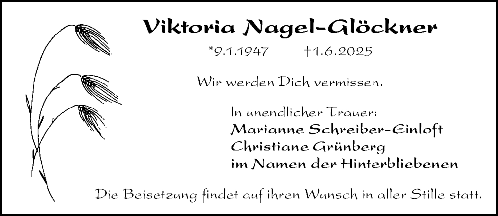  Traueranzeige für Viktoria Nagel-Glöckner vom 07.06.2025 aus Gesamtausgabe Nürnberger Nachrichten/ Nürnberger Ztg.