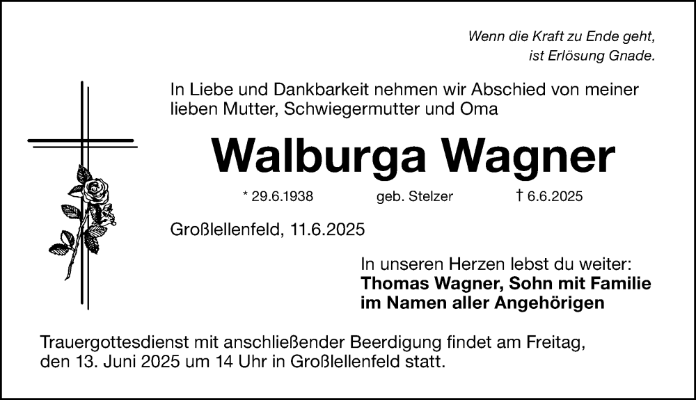  Traueranzeige für Walburga Wagner vom 11.06.2025 aus Altmühl-Bote Lokal