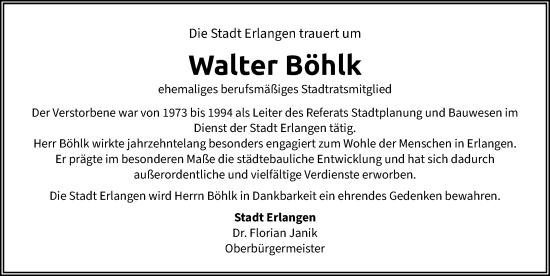 Traueranzeige von Walter Böhlk von Erlanger Nachrichten Lokal