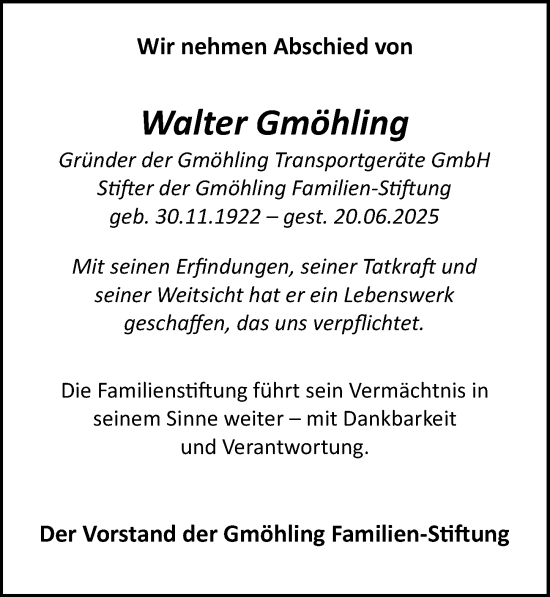 Traueranzeige von Walter Gmöhling von Erlanger Nachrichten/ Fürther Nachrichten