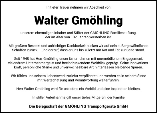 Traueranzeige von Walter Gmöhling von Gesamtausgabe Nürnberger Nachrichten/ Nürnberger Ztg./ Fürther Nachrichten/ Erlanger Nachrichten