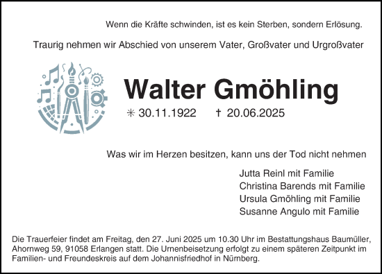 Traueranzeige von Walter Gmöhling von Erlanger Nachrichten/ Fürther Nachrichten