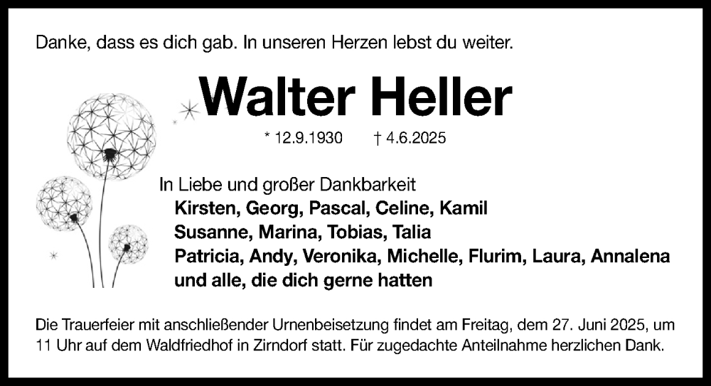  Traueranzeige für Walter Heller vom 21.06.2025 aus Fürther Nachrichten Lokal