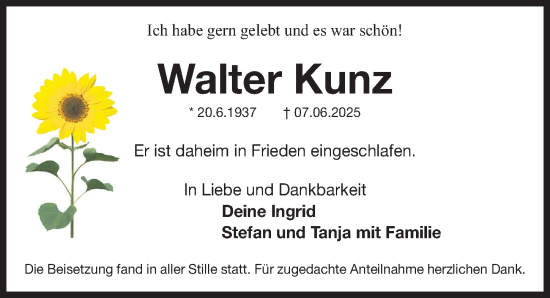 Traueranzeige von Walter Kunz von Fürther Nachrichten Lokal