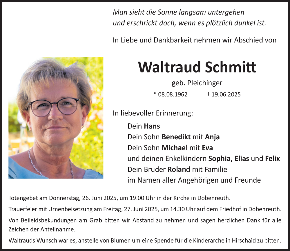  Traueranzeige für Waltraud Schmitt vom 24.06.2025 aus Nordbayerische Nachrichten Forchheim Lokal