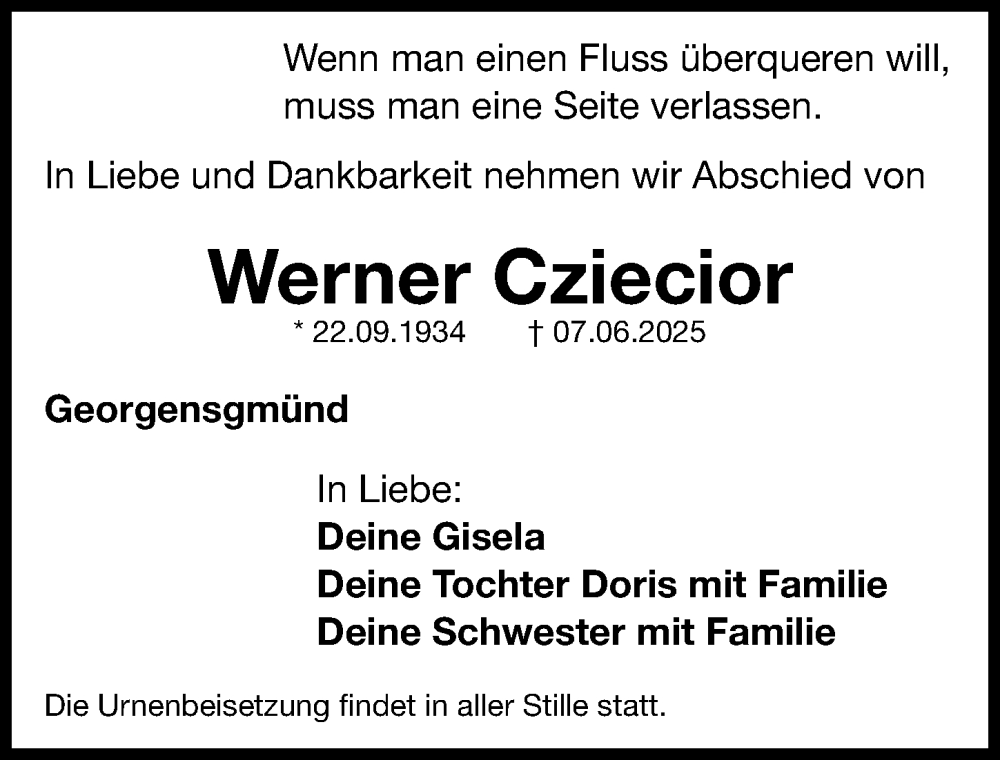  Traueranzeige für Werner Cziecior vom 14.06.2025 aus Roth-Hilpoltsteiner Volkszeitung Lokal