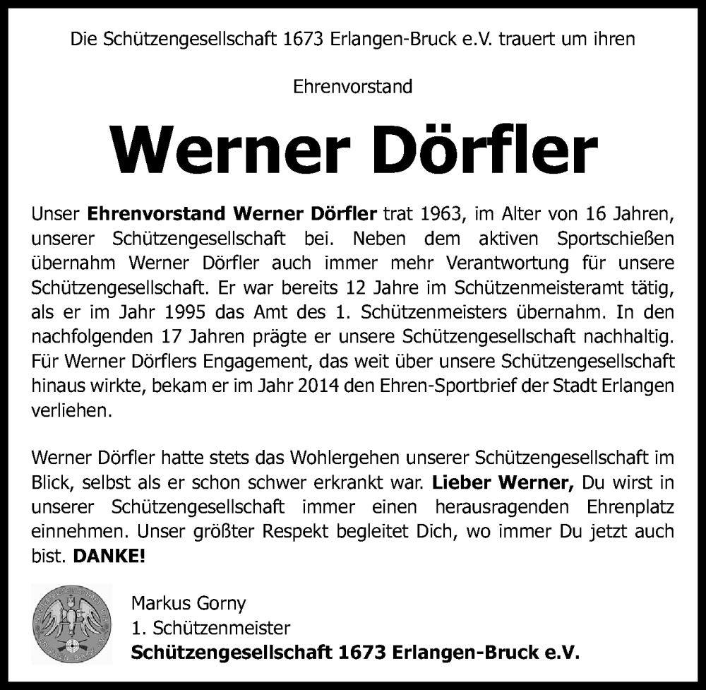  Traueranzeige für Werner Dörfler vom 07.06.2025 aus Erlanger Nachrichten Lokal