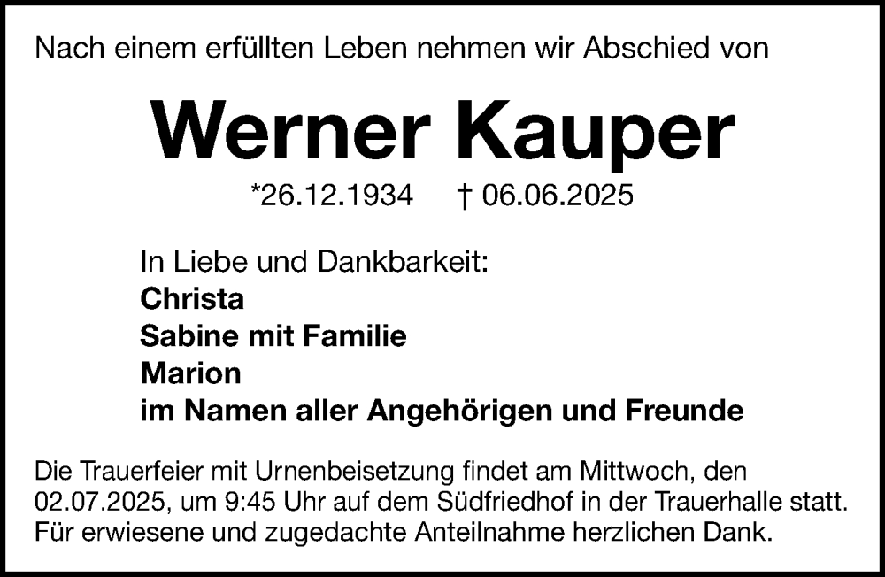  Traueranzeige für Werner Kauper vom 28.06.2025 aus Gesamtausgabe Nürnberger Nachrichten/ Nürnberger Ztg.