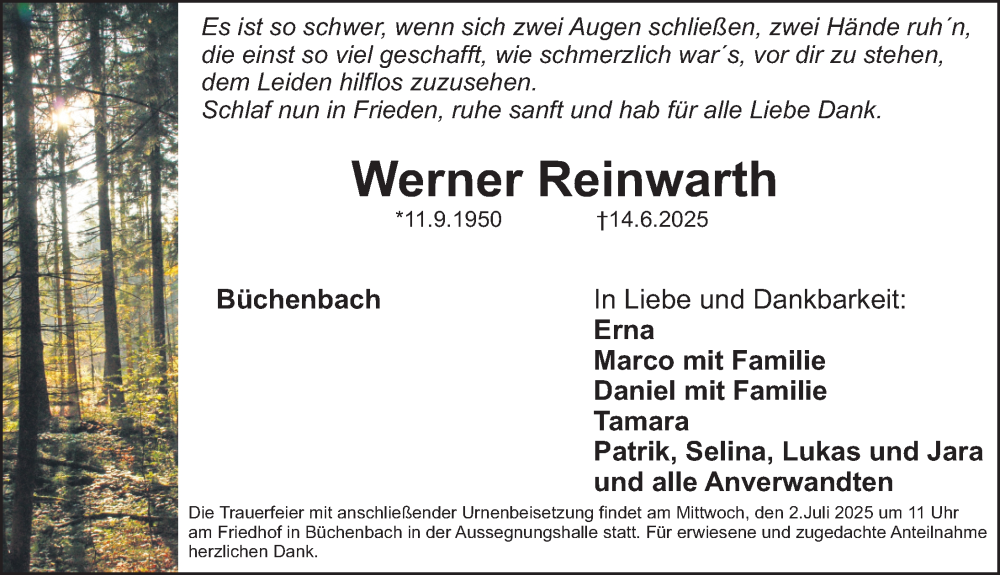  Traueranzeige für Werner Reinwarth vom 28.06.2025 aus Roth-Hilpoltsteiner Volkszeitung Lokal
