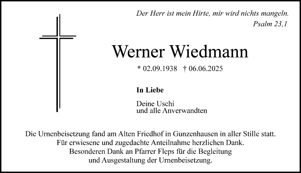  Traueranzeige für Werner Wiedmann vom 21.06.2025 aus Altmühl-Bote Lokal