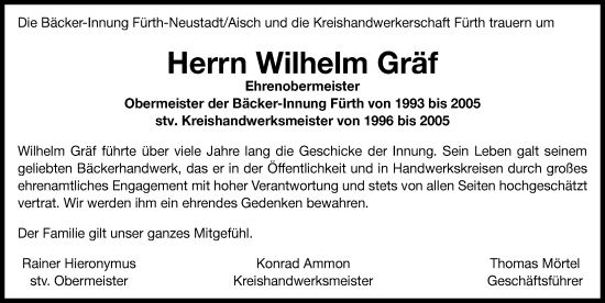 Traueranzeige von Wilhelm Gräf von Fürther Nachrichten Lokal