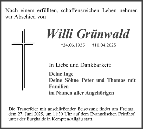 Traueranzeige von Willi Grünwald von Gesamtausgabe Nürnberger Nachrichten/ Nürnberger Ztg.
