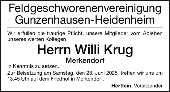 Traueranzeige von Willi Krug von Altmühl-Bote Lokal