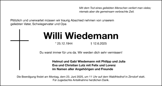 Traueranzeige von Willi Wiedemann von Gesamtausgabe Nürnberger Nachrichten/ Nürnberger Ztg.