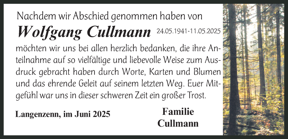  Traueranzeige für Wolfgang Cullmann vom 06.06.2025 aus Fürther Nachrichten Lokal