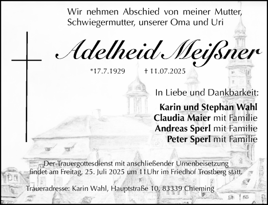Traueranzeige von Adelheid Meißner von Gesamtausgabe Nürnberger Nachrichten/ Nürnberger Ztg.
