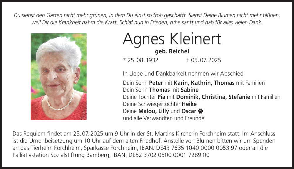  Traueranzeige für Agnes Kleinert vom 19.07.2025 aus Nordbayerische Nachrichten Forchheim Lokal