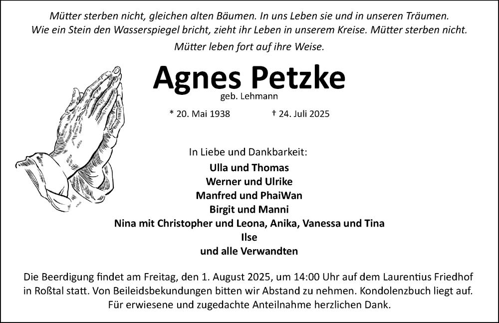  Traueranzeige für Agnes Petzke vom 30.07.2025 aus Fürther Nachrichten Lokal
