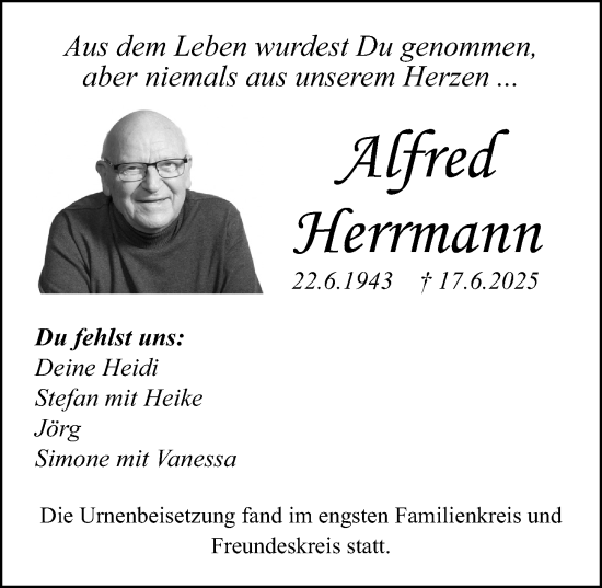 Traueranzeige von Alfred Herrmann von Gesamtausgabe Nürnberger Nachrichten/ Nürnberger Ztg.