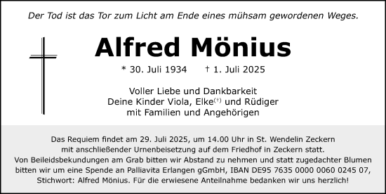 Traueranzeige von Alfred Mönius von Erlanger Nachrichten Lokal