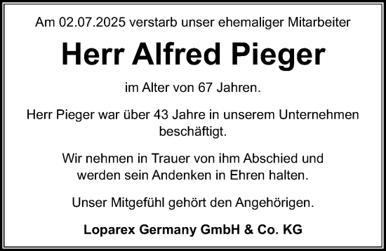 Traueranzeige von Alfred Pieger von Nordbayerische Nachrichten Forchheim Lokal