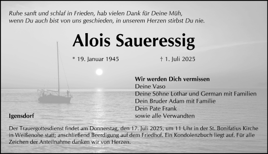 Traueranzeige von Alois Saueressig von Nordbayerische Nachrichten Forchheim Lokal