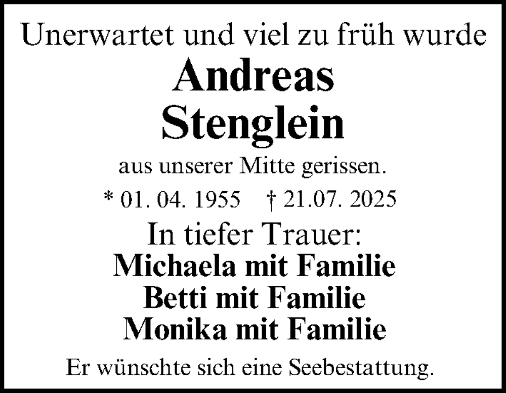  Traueranzeige für Andreas Stenglein vom 30.07.2025 aus Fürther Nachrichten Lokal