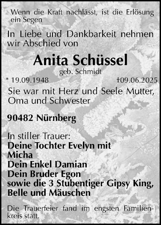 Traueranzeige von Anita Schüssel von Gesamtausgabe Nürnberger Nachrichten/ Nürnberger Ztg.