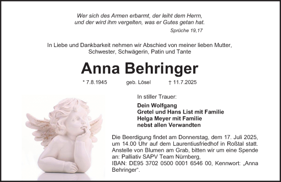 Traueranzeige von Anna Behringer von Fürther Nachrichten Lokal