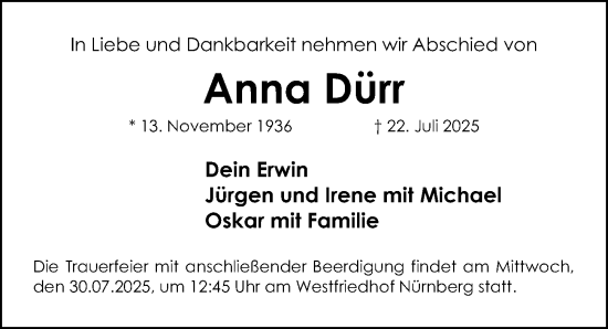 Traueranzeige von Anna Dürr von Gesamtausgabe Nürnberger Nachrichten/ Nürnberger Ztg.
