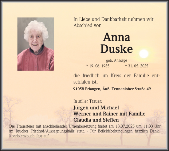 Traueranzeige von Anna Duske von Erlanger Nachrichten Lokal