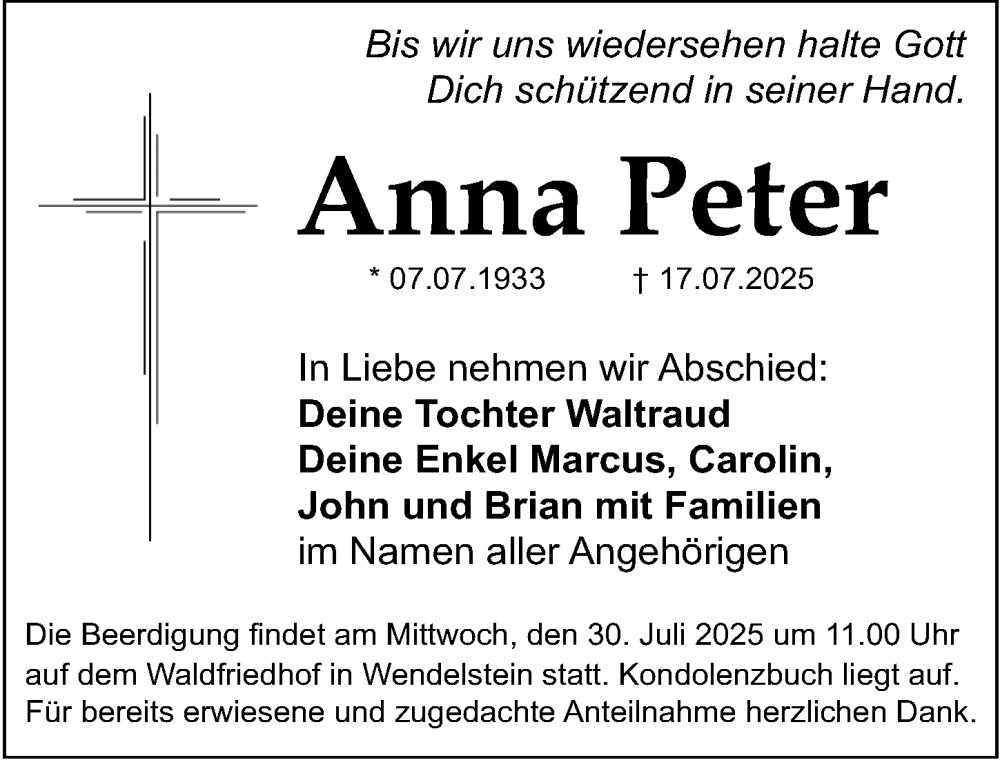  Traueranzeige für Anna Peter vom 26.07.2025 aus Gesamtausgabe Nürnberger Nachrichten/ Nürnberger Ztg.