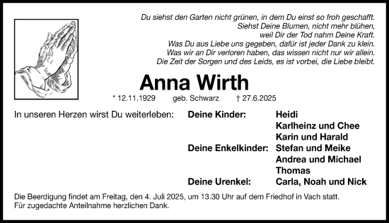 Traueranzeige von Anna Wirth von Fürther Nachrichten Lokal
