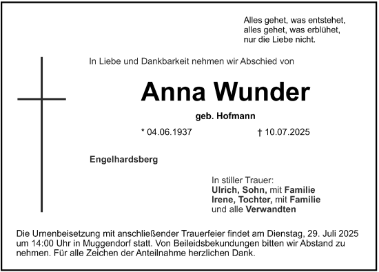 Traueranzeige von Anna Wunder von Nordbayerische Nachrichten Forchheim Lokal