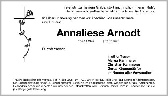 Traueranzeige von Annaliese Arnodt von Fürther Nachrichten Lokal