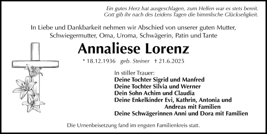 Traueranzeige von Annaliese Lorenz von Erlanger Nachrichten Lokal