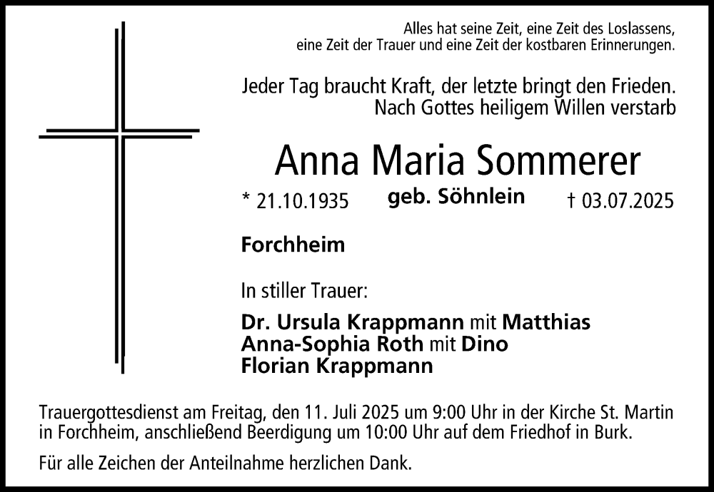  Traueranzeige für Anna Maria Sommerer vom 09.07.2025 aus Nordbayerische Nachrichten Forchheim Lokal