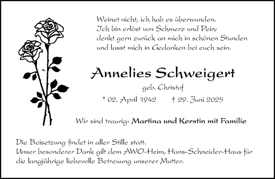 Traueranzeige von Annelies Schweigert von Gesamtausgabe Nürnberger Nachrichten/ Nürnberger Ztg.