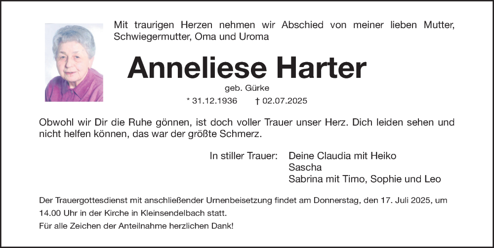  Traueranzeige für Anneliese Harter vom 12.07.2025 aus Erlanger Nachrichten Lokal