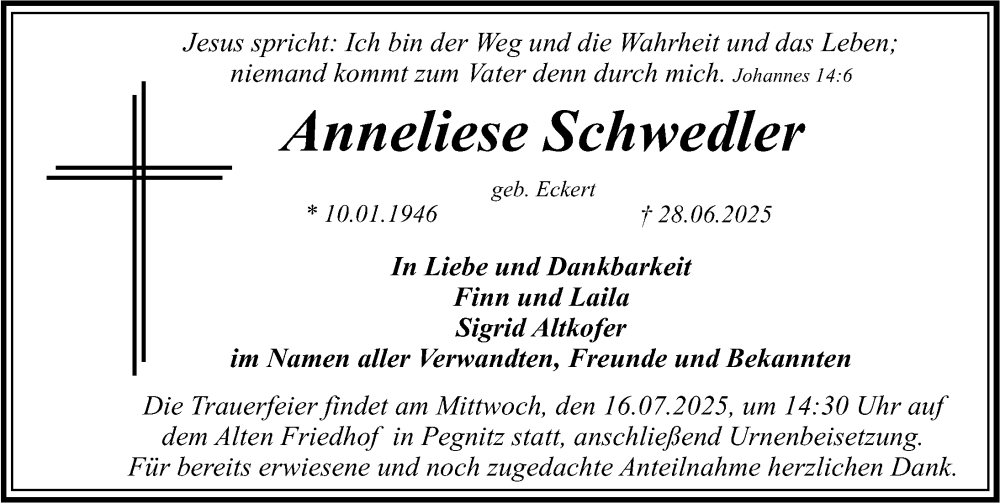  Traueranzeige für Anneliese Schwedler vom 12.07.2025 aus Nordbayerische Nachrichten Pegnitz Lokal