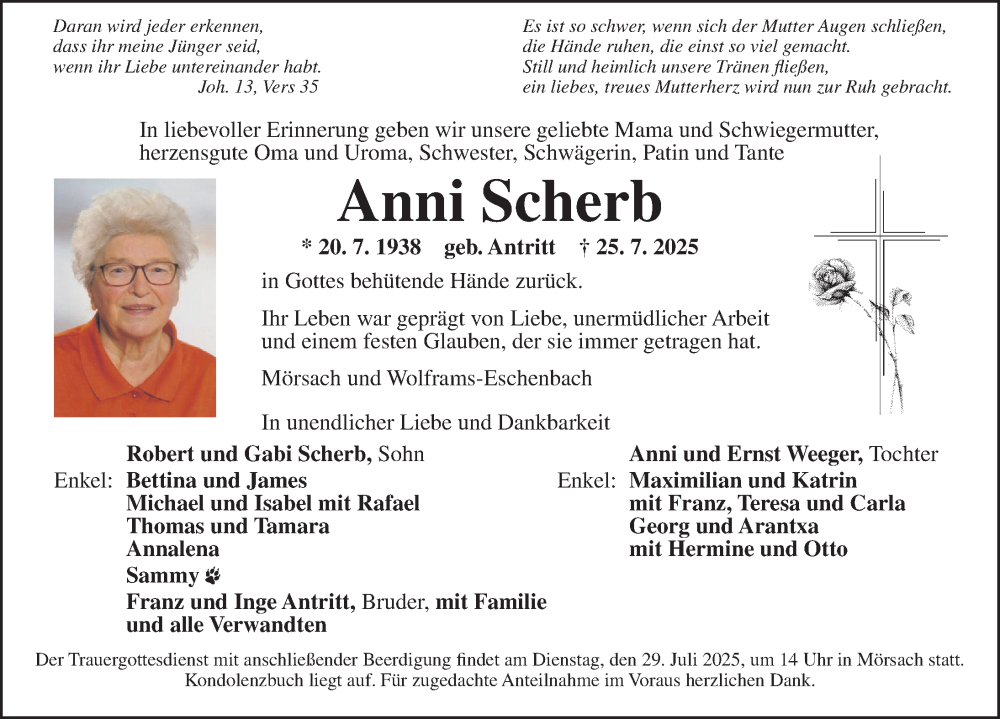  Traueranzeige für Anni Scherb vom 29.07.2025 aus Altmühl-Bote Lokal