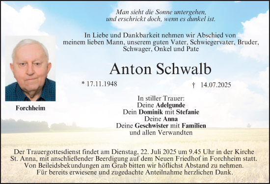 Traueranzeige von Anton Schwalb von Nordbayerische Nachrichten Forchheim Lokal