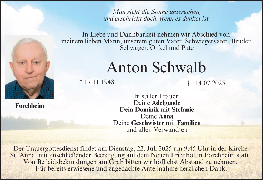  Traueranzeige für Anton Schwalb vom 19.07.2025 aus Nordbayerische Nachrichten Forchheim Lokal