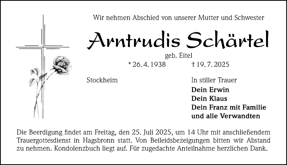  Traueranzeige für Arntrudis Schärtel vom 23.07.2025 aus Altmühl-Bote Lokal/ Roth-Hilpoltsteiner Volkszeitung