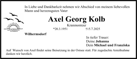 Traueranzeige von Axel Georg Kolb von Gesamtausgabe Nürnberger Nachrichten/ Nürnberger Ztg.