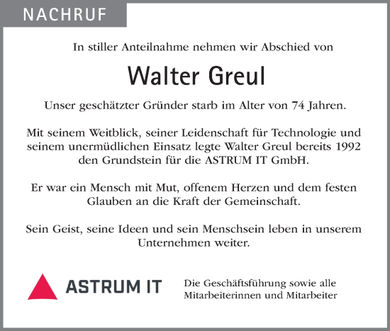 Traueranzeige von Walter Greul von Gesamtausgabe Nürnberger Nachrichten/ Nürnberger Ztg.